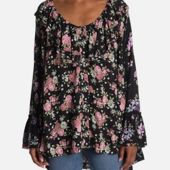Free People Loretta Floral Print Tunic Blouse Womens XS Bell Sleeve Boho Cottage - Picture 1 of 8